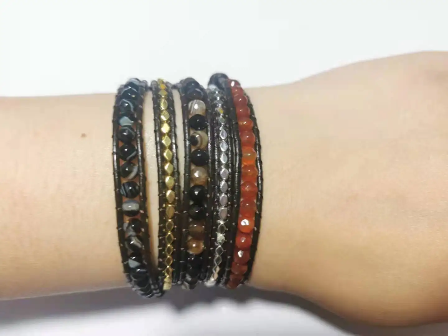 

New Cool 5 Strands Mixed Stones Onyx Metal Beads Leather Wrap Bracelets Vintage Black Lover's Bracelet