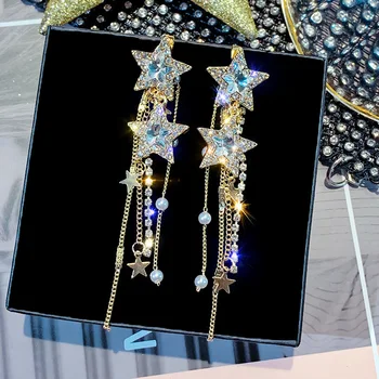 

Hot new Korean Style Shiny Star Drop Earrings for Women New Bijoux Long Tassel Blue Crystal Dangle Earrings Jewelry Accessories