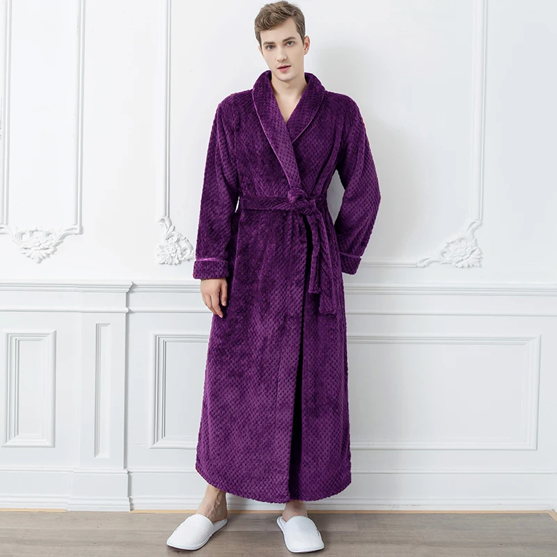 mens cotton pajama pants Men Extra Long Warm Jacquard Flannel Bath Robe Winter Plus Size Zipper Bathrobe Mens Coral Fleece Robes for Women Dressing Gown mens pyjama tops Men's Sleep & Lounge