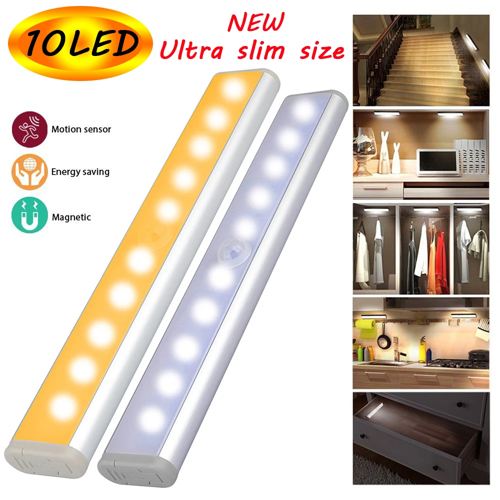 

LED Under Cabinet Light PIR Motion Sensor Lamp 10 LEDs for Wardrobe Cupboard Closet Kitchen Lighting Led Night Lights LampD30