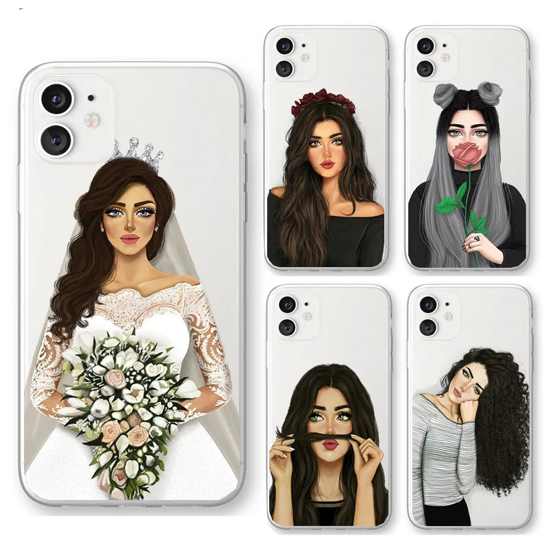 Black Brown Hair Girl Transparent Soft TPU Case For iPhone XR X XS MAX 11 13 Pro Max 12 mini SE 2020 6S 8 7 Plus Rubber Cover | Мобильные
