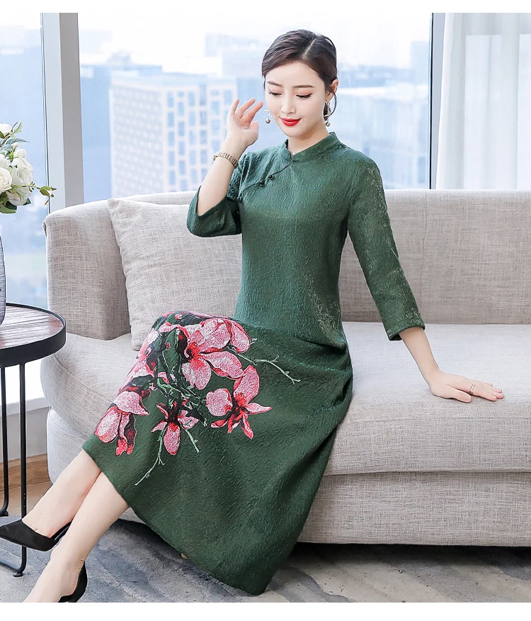 Женское платье большого размера, M-4XL, весна, Ретро стиль, cheongsam, платье с принтом, свободное платье, высокое качество, элегантное платье, DV635