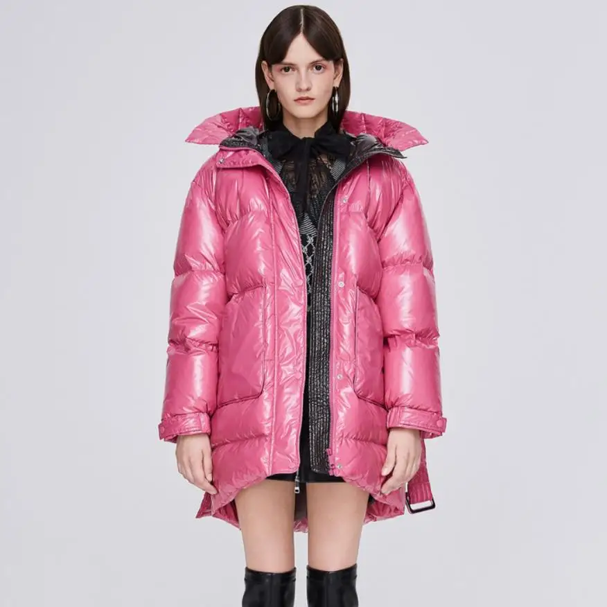 pink Зимнее непромокаемое глянцевое пуховое пальто большого размера, женский толстый теплый пуховик с капюшоном и воротником, толстые теплые парки F262 - Цвет: pink