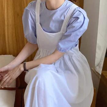 

2 Two Piece Set Dress Womens Outfits O-neck Puff Sleeve Blouses and High Waist Spaghetti Strap Long Pleated Dress Elegant Sets