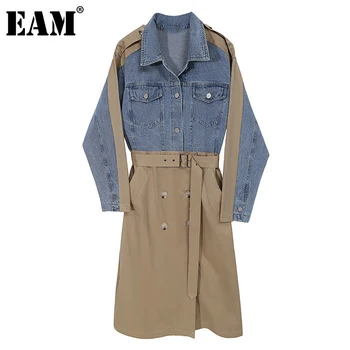 

[EAM] Women Green Khaki Bandage Denim Shirt Dress New Lapel Long Sleeve Loose Fit Fashion Tide Spring Autumn 2020 1DB904