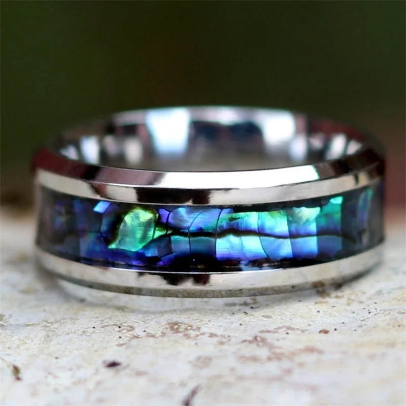 8mm Titanium Steel Fashion Men Rings Inlaid Abalone Shell Wedding Band Men Jewelry For Women Unisex Accessories wedding rings finger rings fashion rings titanium steel rings