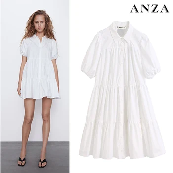 

2020 Za New Summer Women Minidress with V-neck Short Sleeve Elegant Dress Femme A-line Elegant Loose White Minidress