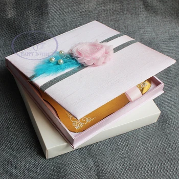 

Free Shipping HI2064 Custom Silk Box Invitation in Pink with Gold Mirror Invitation with White Writing More Colors Available