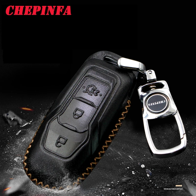 Leather Car Key Case Cover For Fusion Mondeo Mustang F-150 Explorer Edge 2015 2016 2017 2018 Car Styling Key Protection Keychain