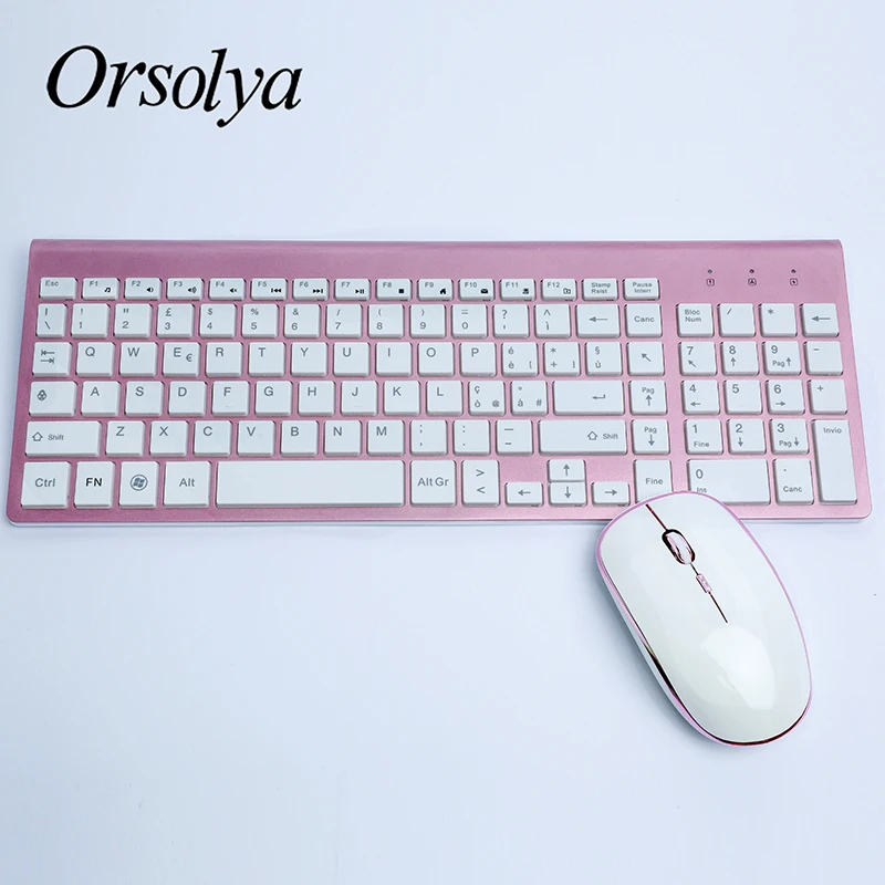 2,4G Беспроводная клавиатура и мышь Combo Orsolya Compact полноразмерная клавиатура и 2400 точек/дюйм оптическая мышь с низким уровнем шума, испанский, немецкий, итальянский, японский, французский, розовый и белый
