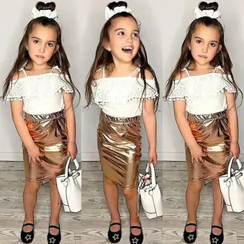 

UK 2PCS Toddler Kids Baby Girl Ruffle Tops Leather Skirt Outfits Clothes Summer