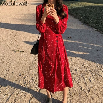 

Mozuleva Spring Ladies Polka Dots Print Long Dress V-neck Buttons Lace-up Female Chiffon Dress Fashion Long Sleeve Women Dress