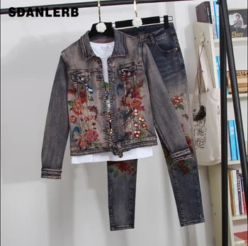 

European Style Denim Set Women's New Spring Autumn Personality Painted Long-Sleeve Denim Jacket + Jeans Two-Piece Set Stretch