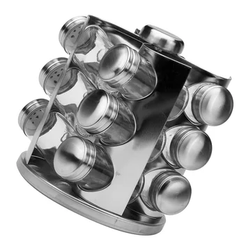 

1 Set of Rotary Seasoning Jar Rack Stainless Steel Condiment Pot Rack Glass Empty Seasoning Bottles (12PCS Bottels and 1PC Rack)