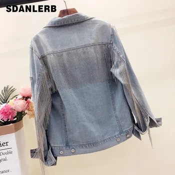 

Spring Autumn Korean Denim Coat New Handmade Beaded Washed Light Blue Fashion Loose Denim Jacket Female and Male Streetwear