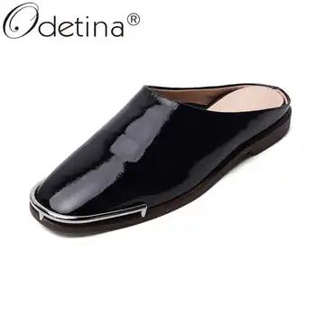 

Odetina Women Fashion Slip On Square Toe Concise Mules Shoes Female Retro Cow Leather Slingbacks Block Chunky Heel Casual Shoes
