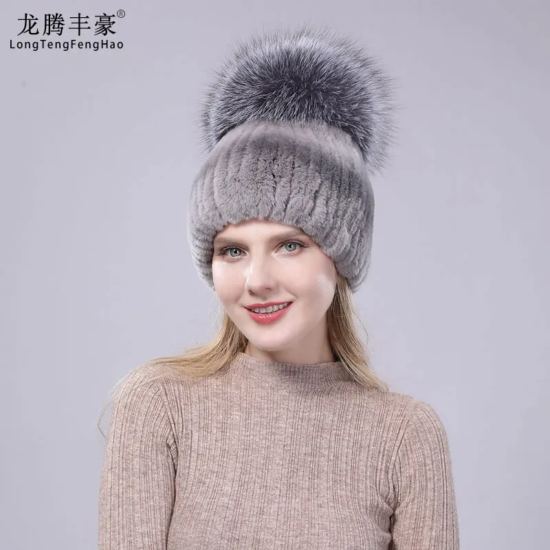 

Women Real Rex Rabbit Fur Hats Female Solid Beanies With Big Fox fur Ball Pompom Lady Casual Hat Girl Cute Warm Caps