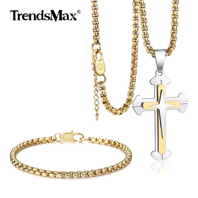 

Unique Men's Jewelry Set Box Link Cross Pendant Necklace Bracelet Set Stainless Steel Religious Fashion Jewelry Gift