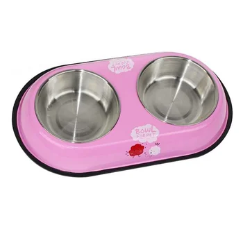 

Dual Stainless Steel Dog Bowl Pet Water Food Feeder Bowl Dog Food Bowl Pet Bowl Size Small (Pink)
