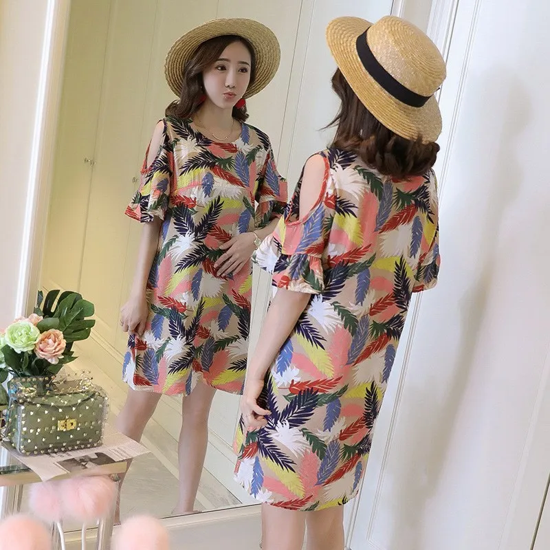 

Tops Korean-style Pregnancy Short-sleeve Dress Mid-length Dress-Style off-Shoulder 2019 Summer Nursing Skirt