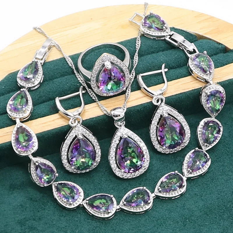 Silver Jewelry Set Water Drop Rainbow Topaz 925 Silver Wedding Jewelry for Women Party Bracelet Earrings Necklace pendant Ring silver jewelry set jewelry set silver jewelry