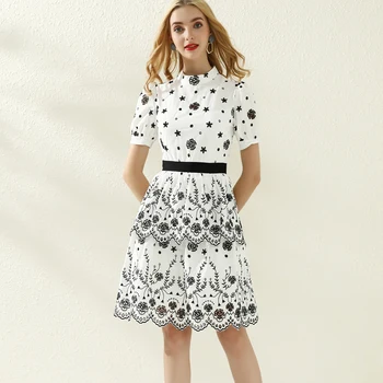 

New Women Cutwork Cutout Embroidery Dress Fashion Cascading Ruffle Short Sleeve Dresses M0510