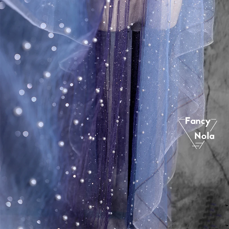 Fantasy Gradient Starry Blue Purple Gauze Dusting Perspectival Nail Beaded Tulle dress gown DIY designer fabric FG006