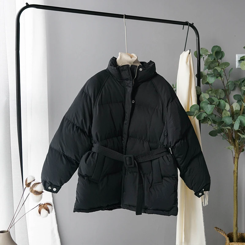 Зимняя женская куртка, Корейская куртка, длинное пальто с поясом, хлопковая стеганая одежда, парки с воротником-стойкой, Толстая теплая верхняя одежда