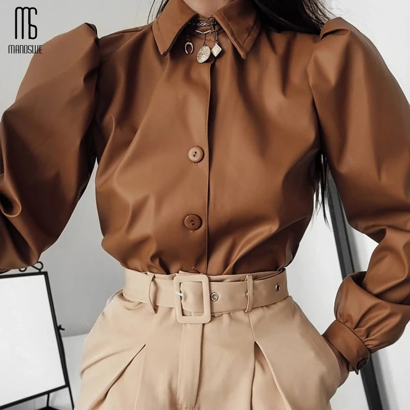 Manoswe Women's Sexy Industrial Style PU Puff Sleeve Blouse Shirt 2020 Autumn &amp Winter Loose Stitching Solid Color Tops | Женская