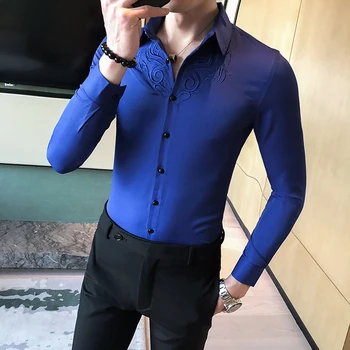 

Fashion Mens Shirts 2020 Spring Embroidery Blue Dress Mens Shirts Regular Fit Vintage Shirts Mens High Quality Club Party Cloth