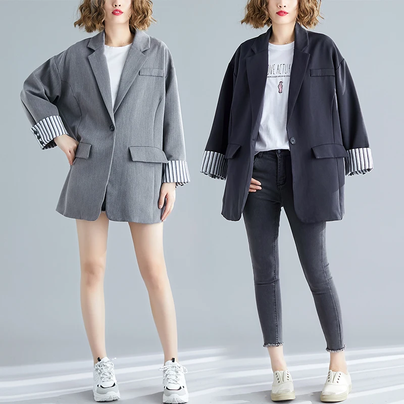 

Autumn Woman Oversized Blazer 2019 New Korean Edition Long Sleeve Notched Single Button Gray Black Loose Casual Blazer Feminino
