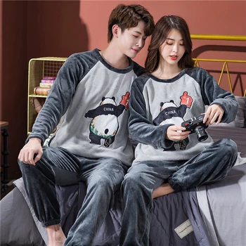 

Winter New Long Sleeve Women Pajamas Set Warm Panda's Back Cute Flannel Pajama Couple Coral Velvet Sleep Wear Pyjamas 2Piece Set