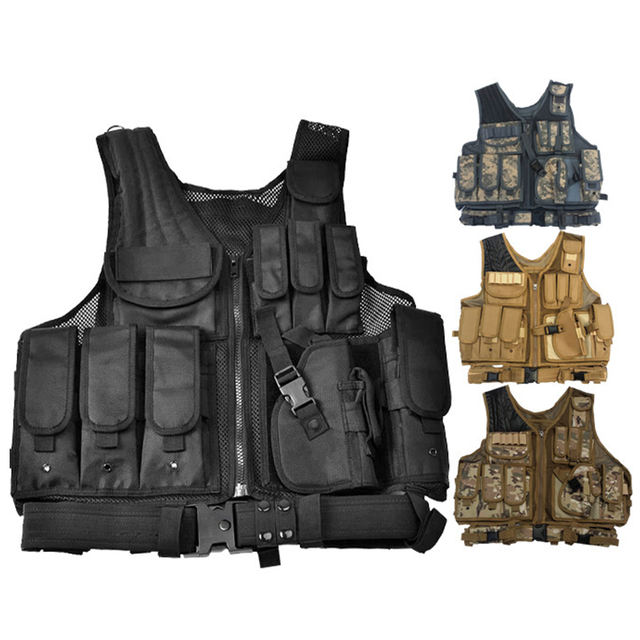 Tactical Military Swat Mesh Adjustable Molle Combat Vest w/ Pistol Holster