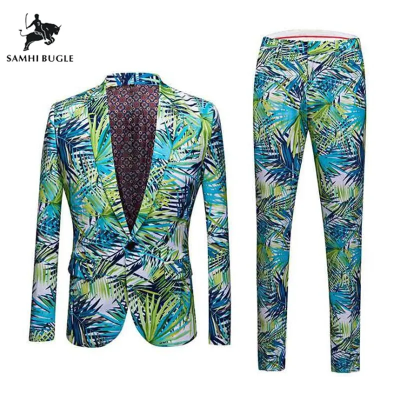 

Suits Men 2019 Hawaiian Printed Seaside Green Suit 2 Pieces Set Latest Coat + Pant Designs Wedding Stage Singer Slim Fit Costume