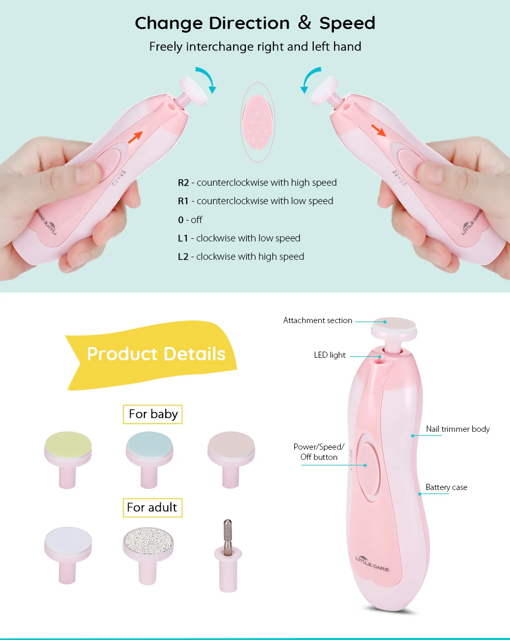  6-in-1 Baby Nail File for Toes and Fingernails Electric Manicure Set