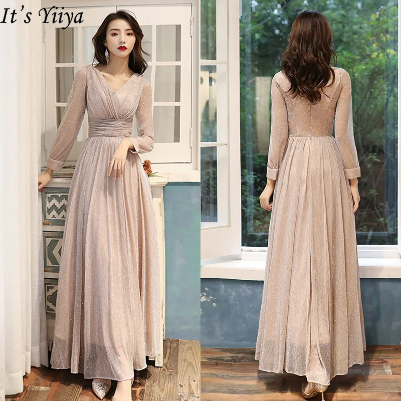 

It's Yiiya Evening Dress Long Sleeve Shining Robe De Soiree LF192 V-neck Plus Size Formal Gown For Women Elegant Evening Dresses