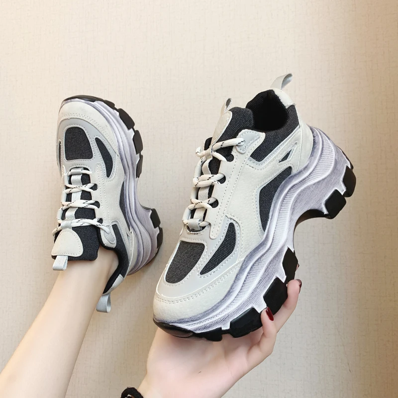 

2020 spring autumn color matching casual fashion mid-heel comfortable thick bottom Lace-Up running sneakers women W39-14