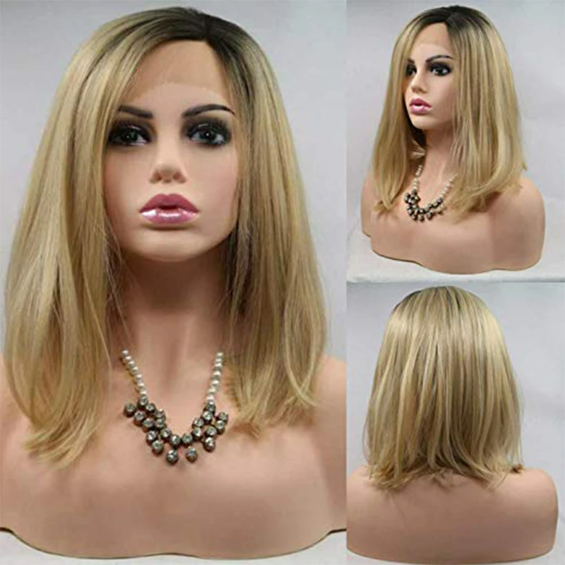 

Highlight Synthetic Lace Front Black Ombre Blonde Brown Wig Bob Short Frontal Straight Wigs Glueless Cosplay Hair For Women