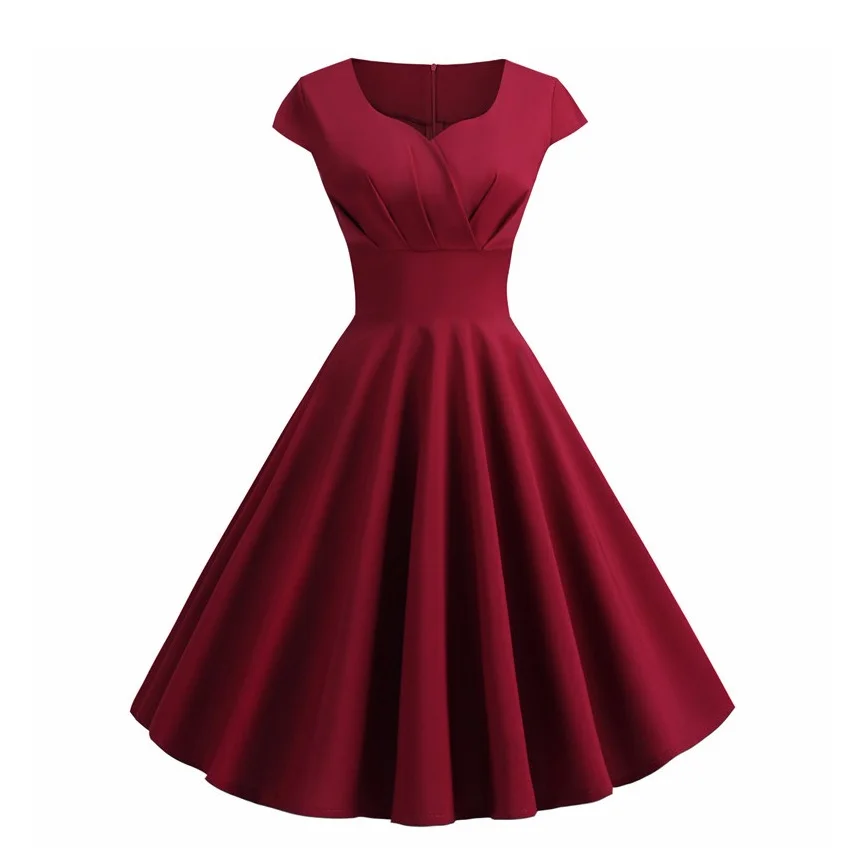 Solid Color Summer Dress Women Tunic Short Sleeve V Neck Casual Elegant Retro Pin Up Party Midi Dresses Vestidos Robe Plus Size | Женская