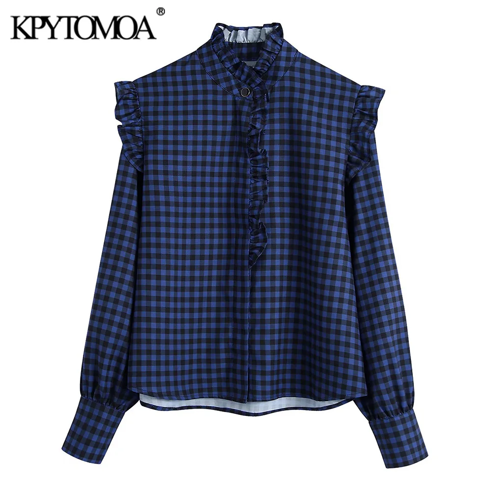 KPYTOMOA Женская мода с гофрированной отделкой клетчатые блузки винтажные женские