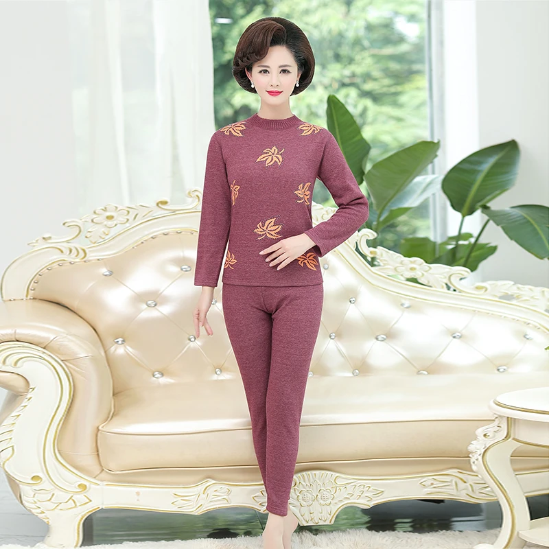 

Middle Aged Women Thick Thermal Two Pieces Lingerie Set Winter Soft Warm Long Johns Female Fleece Lining Underwear Plus Size