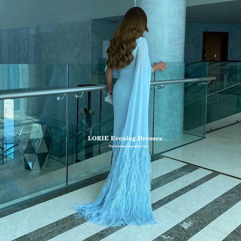 LORIE Sky Blue Chiffon Long Prom Dresses Cap Sleeves With Long Feather Brush Mermaid Evening Gowns Sexy Formal Party Dress