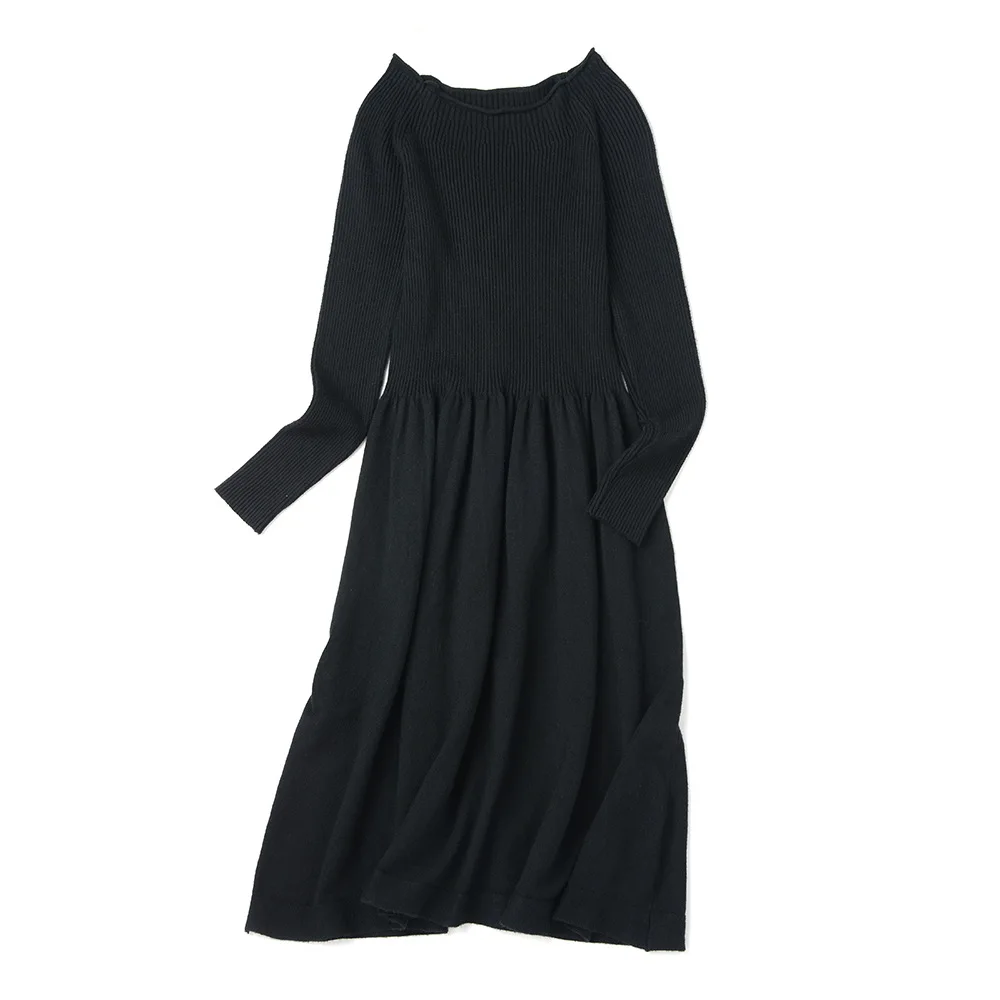 SINGRAIN осеннее женское трикотажное платье, повседневное одноцветное платье-пуловер, эластичное ТРАПЕЦИЕВИДНОЕ корейское платье, толстое миди длинное платье-свитер - Цвет: black