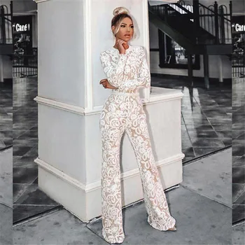 

2020 summer new elegant lace jumpsuit tight bandage white overalls female wide leg jumpsuit sportswear trousers