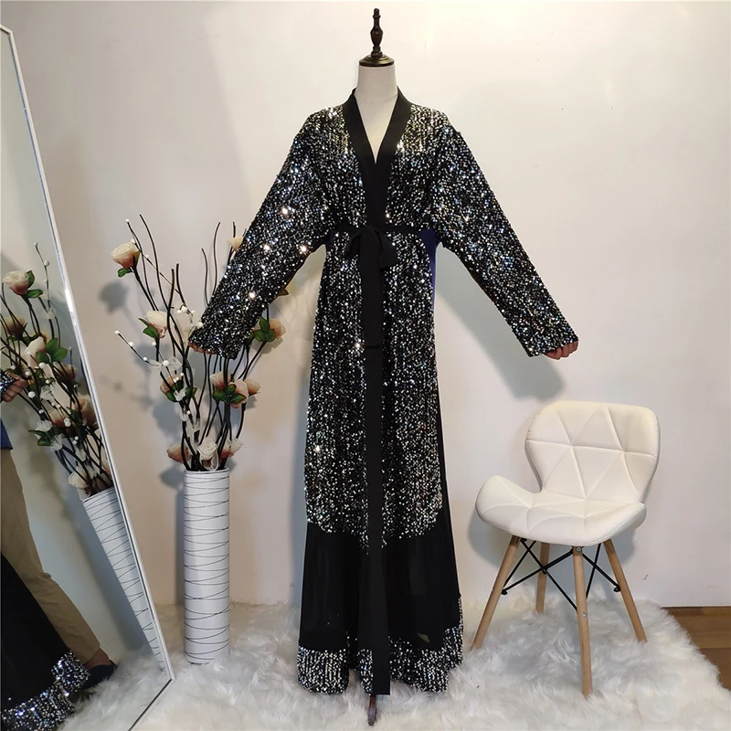 Бриллианты блесток открытый abaya черное кимоно женское мусульманское платье ХИДЖАБ КАФТАН марокканский кафтан Дубай ислам одежда для женщин