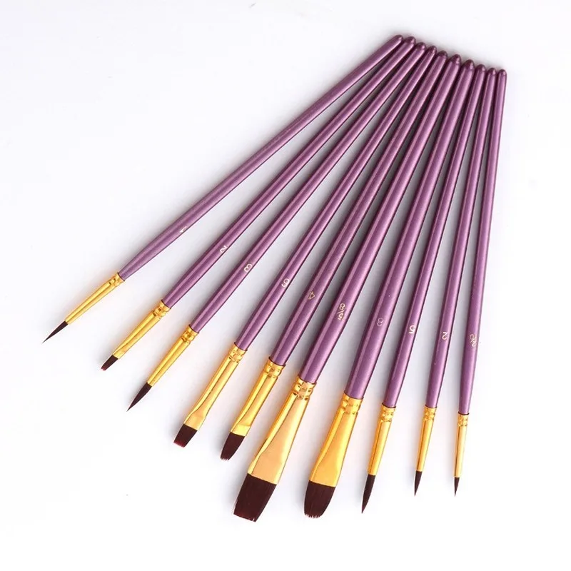 

10pcs purple rod long nylon hair water chalk watercolor pen dental pen hook line pen oil brush set