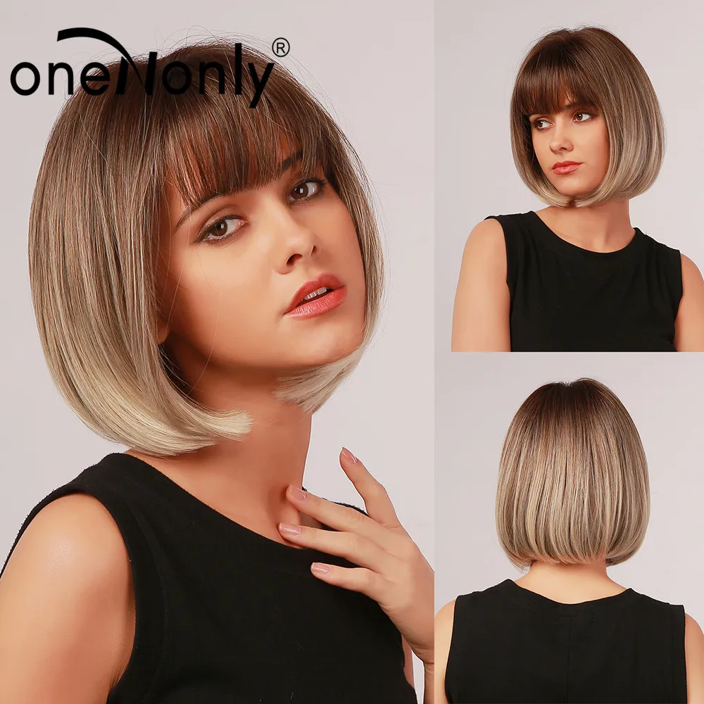 Synthetic Wigs Bangs Blonde Daily-Hair Gray Short Bobo Cosplay Onenonly Natural Women