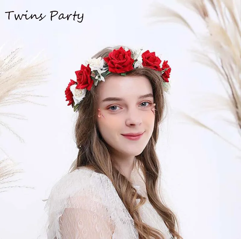 

Twins Party Christmas Rose Floral Crown Adjustable Ribbon Wedding Women Hair Wreath Leave Flower Headband
