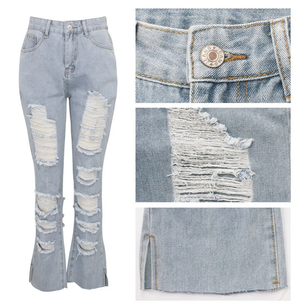 Womail однотонные свободные карман джинсы Рваные женские boyfriend Denim кнопка на молнии, с завышенной талией джинсы pantalones de mezclilla de mujer; большие размеры