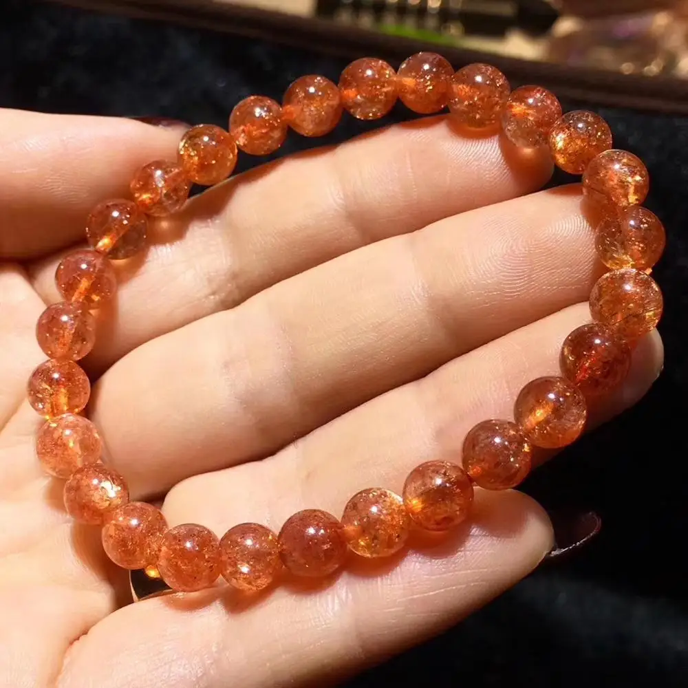 

Natural Ice Gold Strawberry Quartz Orange Sunstone Clear Round Beads Bracelet 7mm Crystal Stretch Women Men AAAAA Drop Shipping